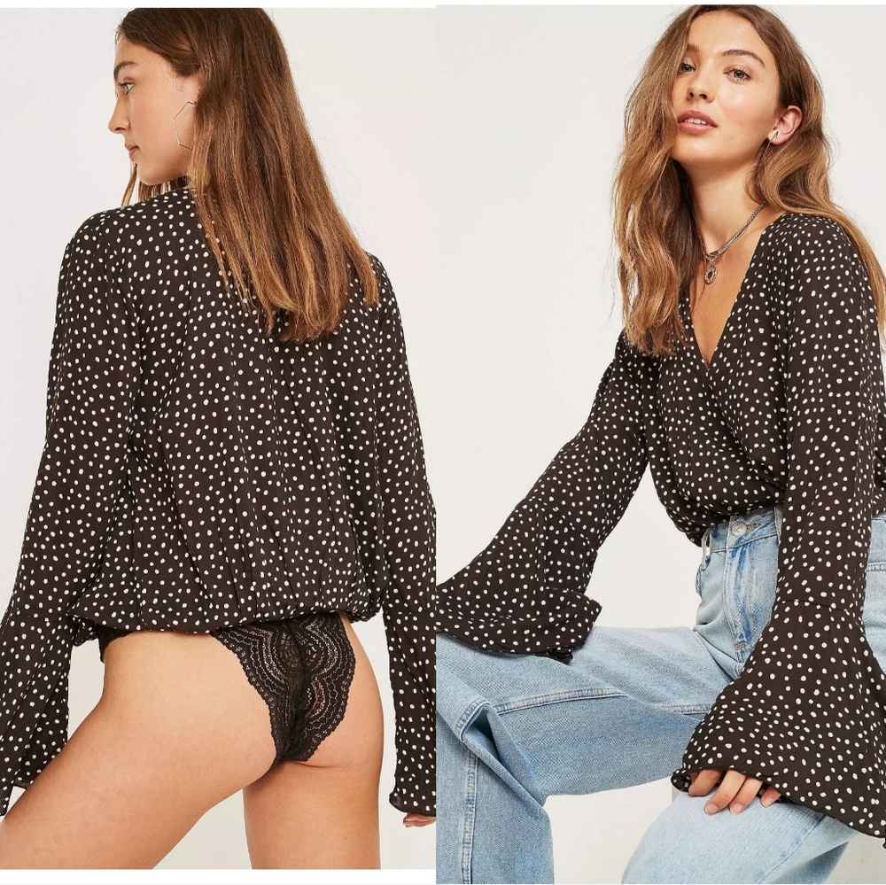 NWOT-Free People Makin' Waves Black Polka Dot Bodysuit Size XS